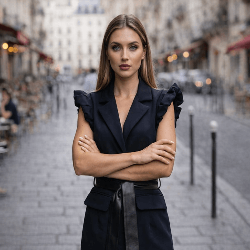 Woman in a black outfit standing on a city street with blurred background