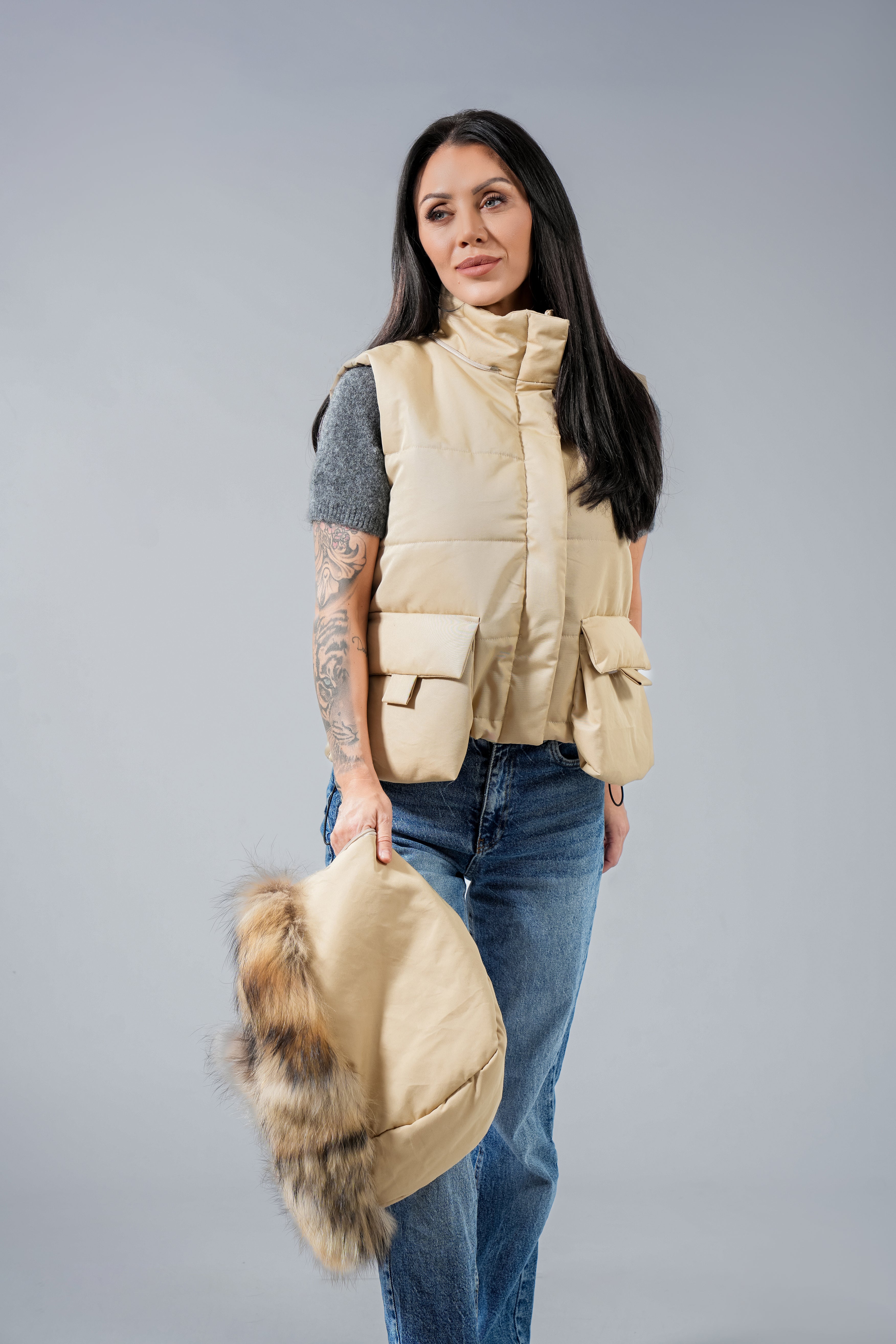 Eлек къс с джобове  Natural fur
