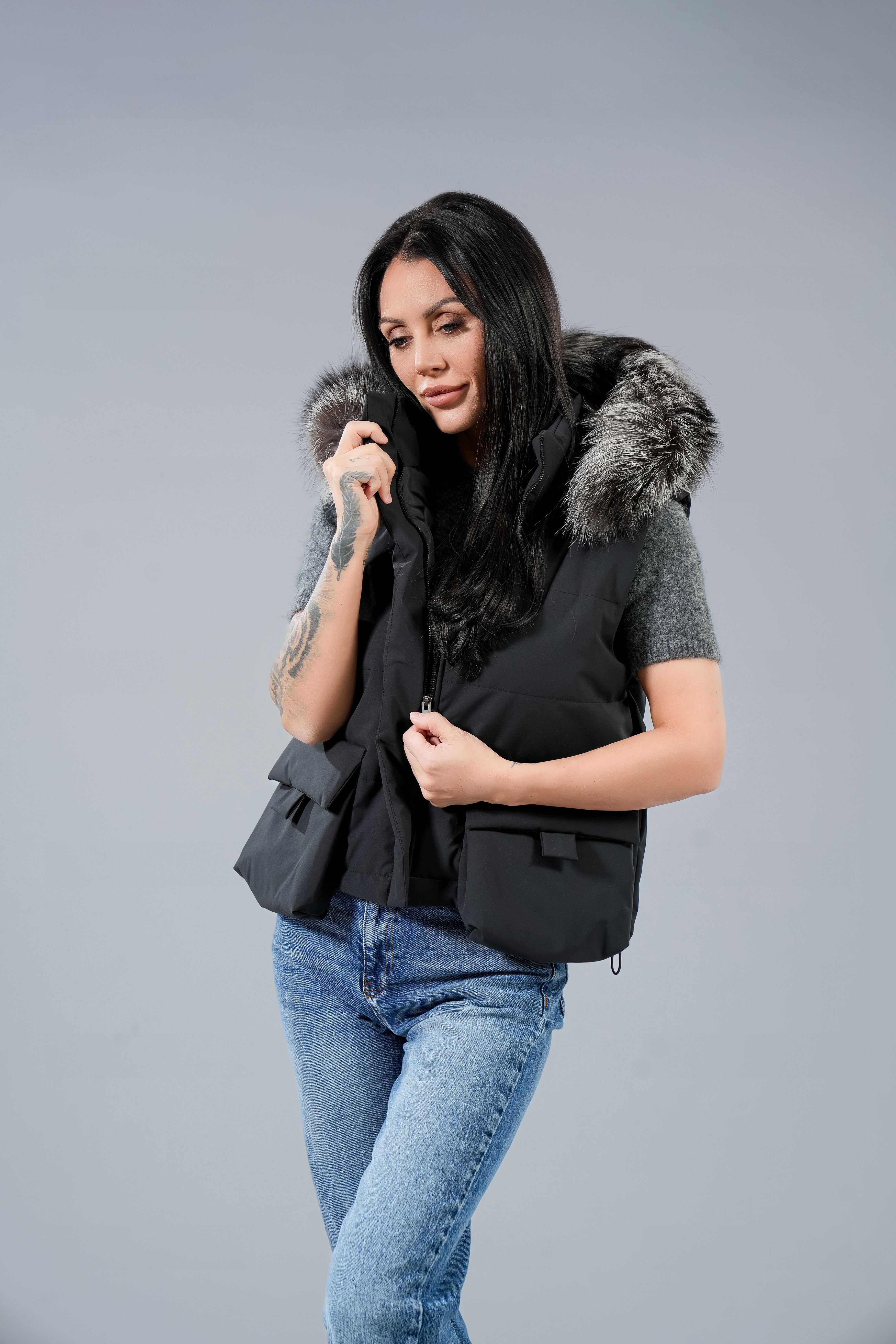 Eлек къс с джобове  Natural fur